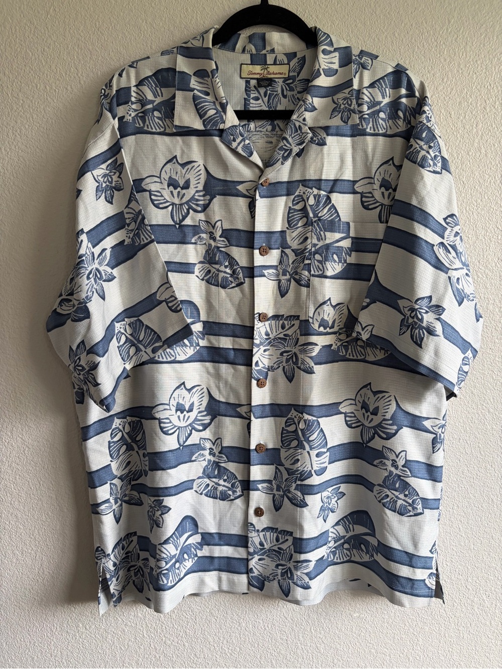 Tommy Bahama Blue and White Floral Stripe Camp Shirt
